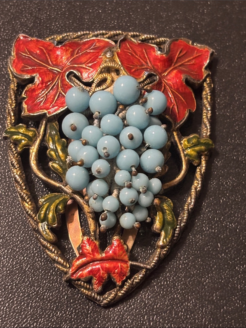 Vintage Blue Bead Grape Cluster Fur Clip Red and Green Enamel Leaves Unsigned